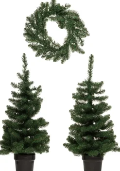 Discount Haustürset Graz 1 Kranz 2 Bäume mit LED Beleuchtung Künstliche Weihnachtsbäume|Weihnachtskränze