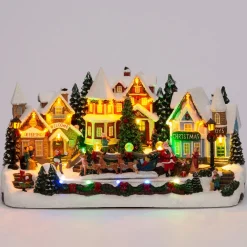 New Weihnachtsdorf Miniatur mit Rentierschlitten 44 x 25,5 x 23 cm Weihnachtshäuschen