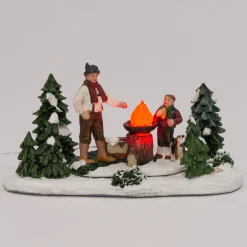 New  Weihnachtsdorf Figur Lagerfeuer mit Mann und Kind 15 x 8,5 x 8 cm Weihnachtshäuschen
