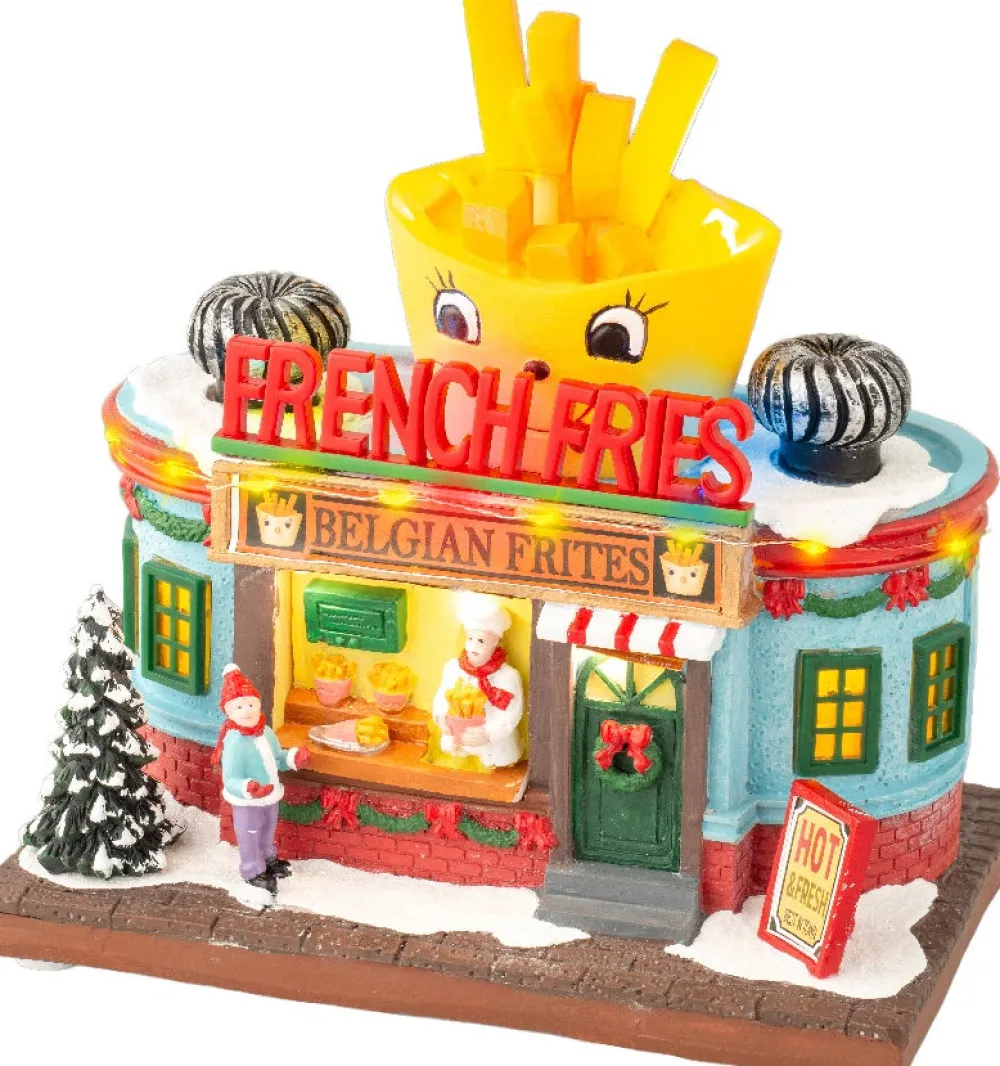 New Lumineo Weihnachtsdorf Miniatur Pommes (Snackbar) 12 x 19,5 x 16 cm Weihnachtshäuschen